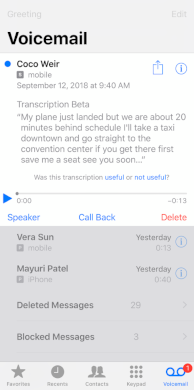 An screenshot of iOS visual voicemail. There are 3 pending voicemails shown. One is selected, and has a sender name, a date, a share button, a transcription of the audio, a play button, a “Speaker” button, a “Call Back” button, and a “Delete” button.